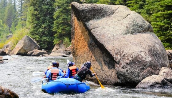 A raft guide makes a maneuver around a large boulder on the Taylor River.