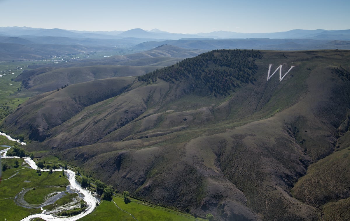 Scenic aerial picture of Tenderfoot "W" Mountain, Tomichi Creek and it's valley, looking east from Gunnison.