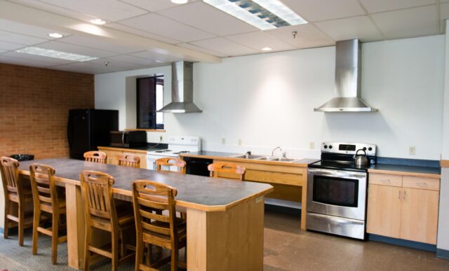 The communal kitchen inside the Mears Complex.