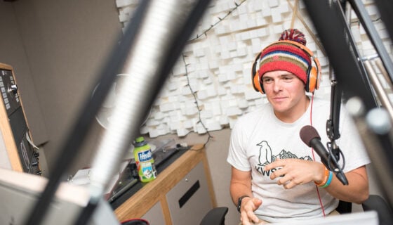 A student DJ's for KWSB, Western's in-house, student-run radio show.
