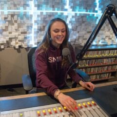 Kat Seibert talks in the microphone at kwsb.