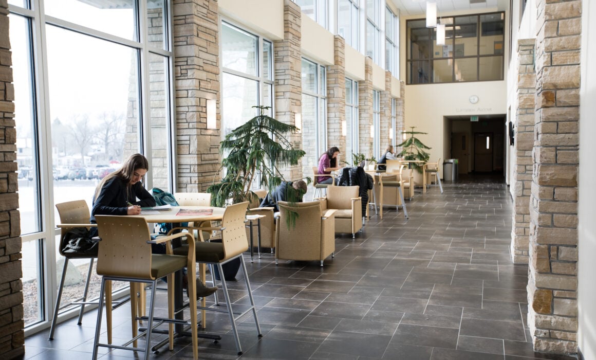 Students study in the Borick Business Building Hallway, which has a lot of windows and plants.