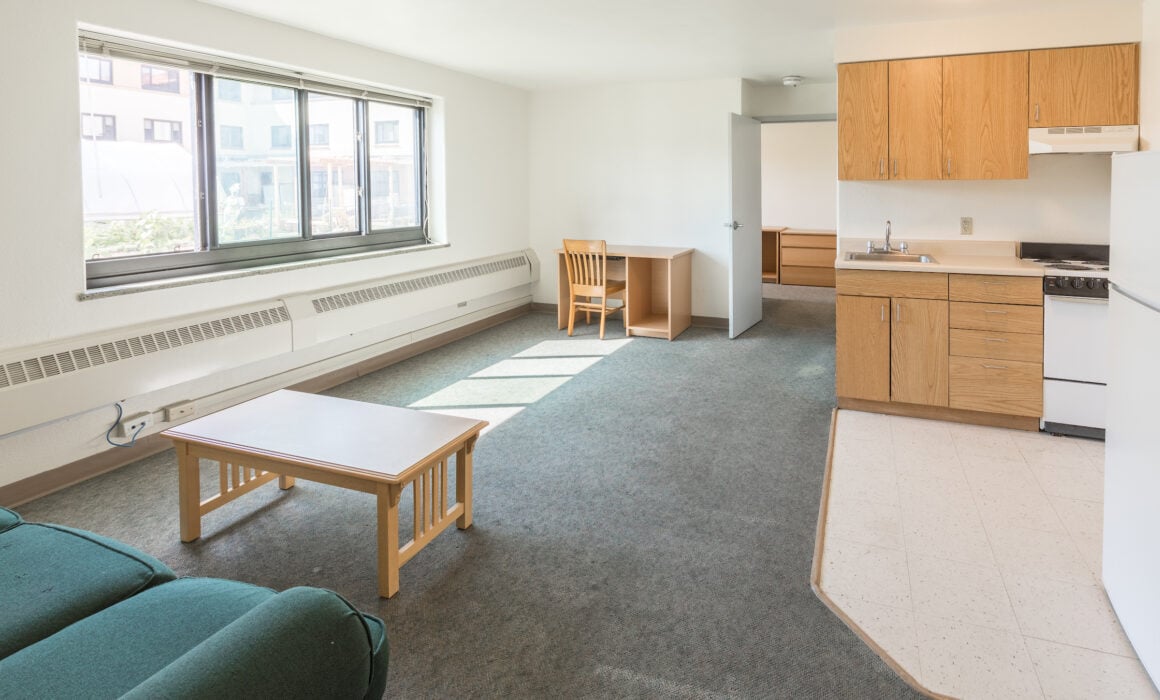The interior of the Chipeta Apartment living area and kitchen.