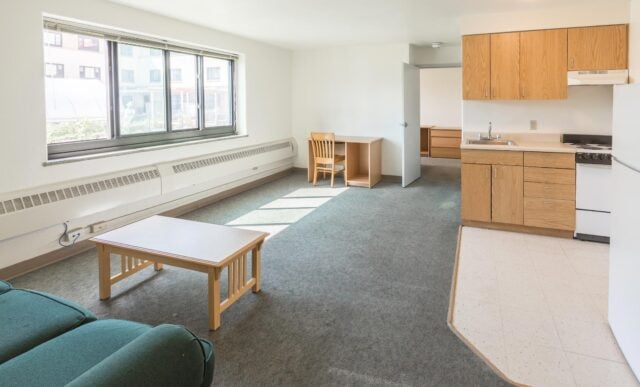 The interior of the Chipeta Apartment living area and kitchen.
