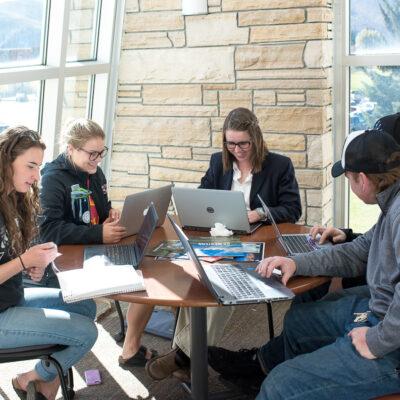 Several students use laptops to work on homework together in a study space.