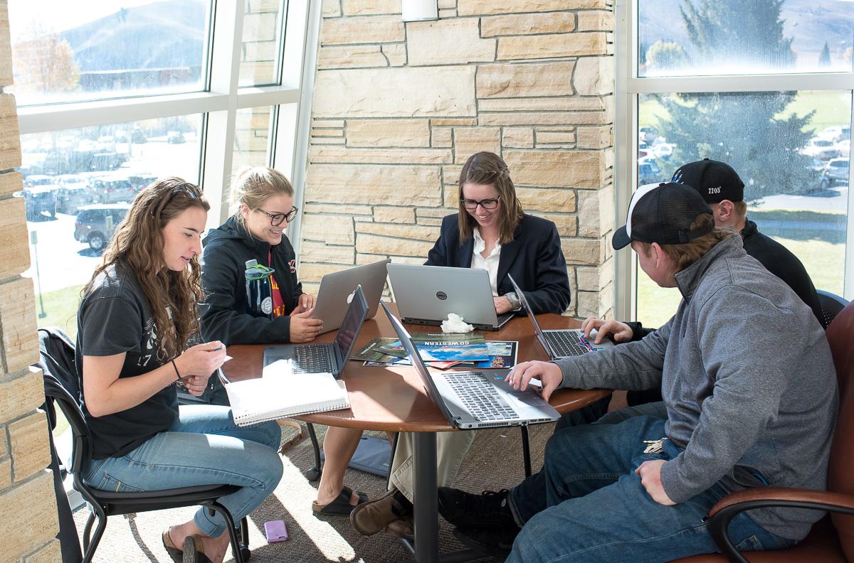 Several students use laptops to work on homework together in a study space.