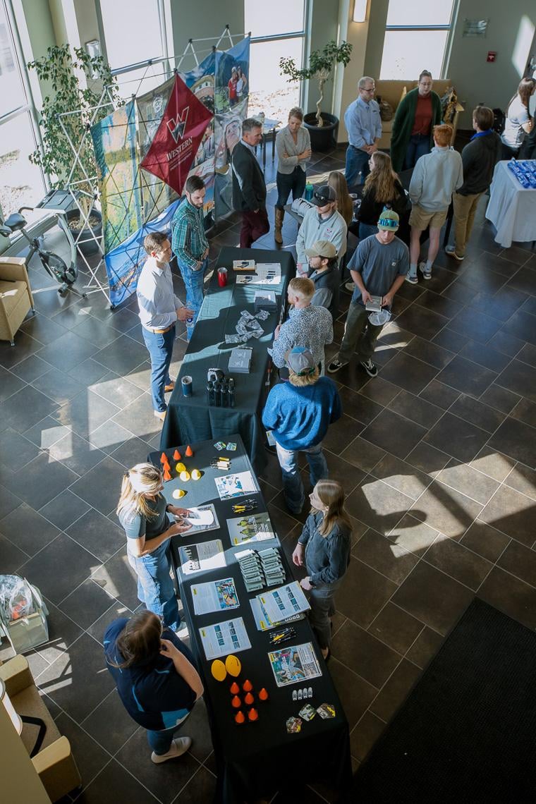 A wide angle shot of the energy management career fair in the Borick Business Building.