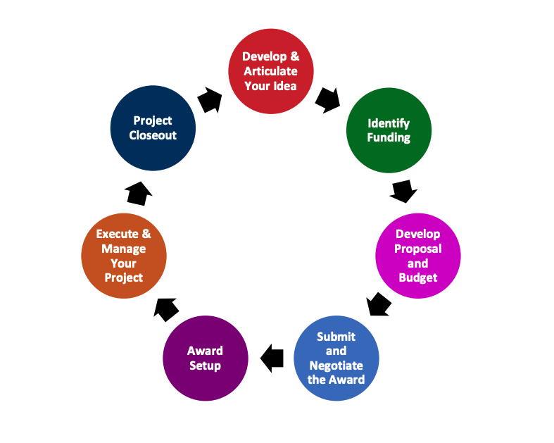 The grant life cycle is a continuous cycle of develop and articulate your ideas, identify fundion, develop proposal and budget, submit and negotiate the award, award setup, execute and manage your project, and project closeout.