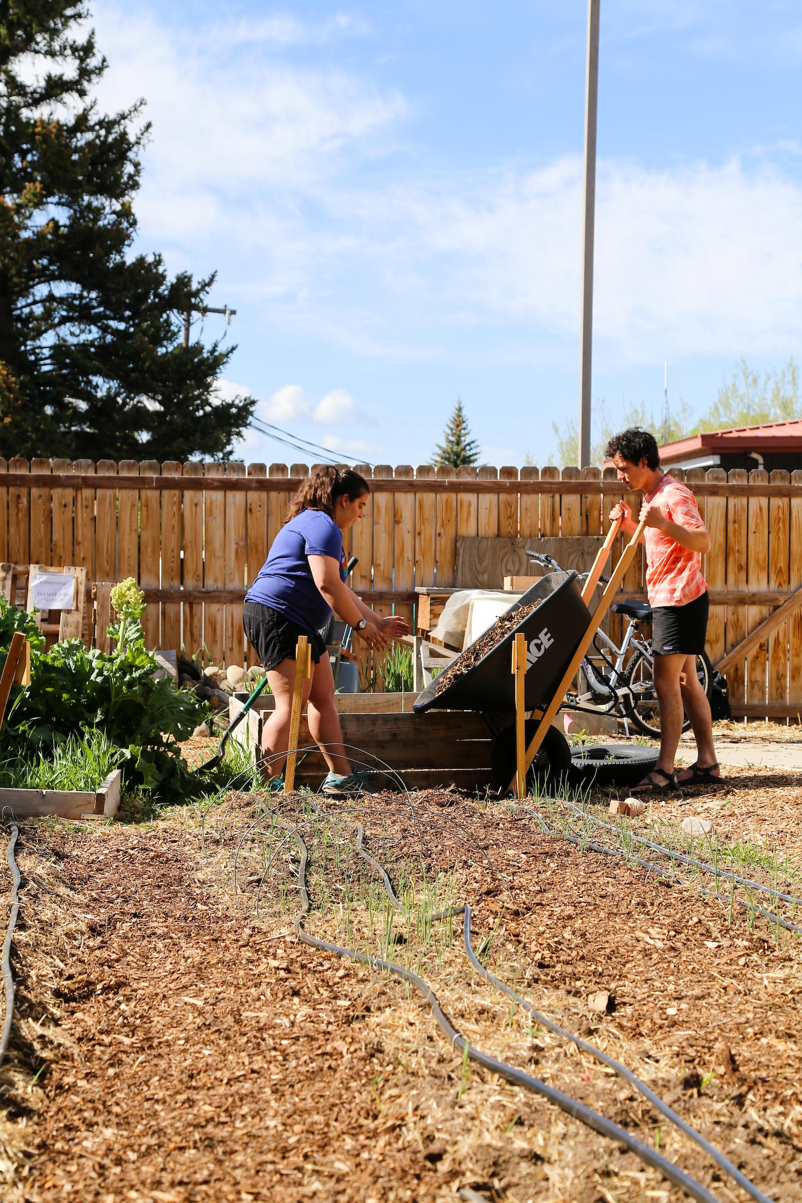 Students use a wheel barrow together