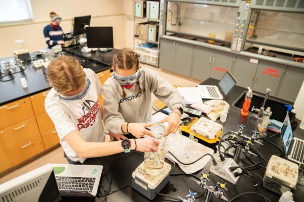 Colleges with accelerated programs: students in chemistry lab conducting experiement