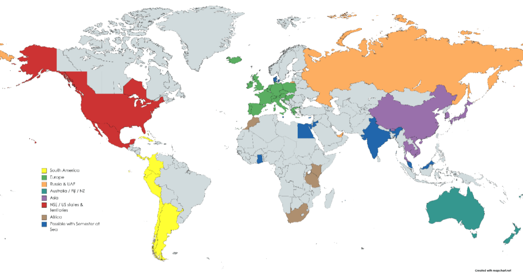 Gray global map featuring several countries filled in with color