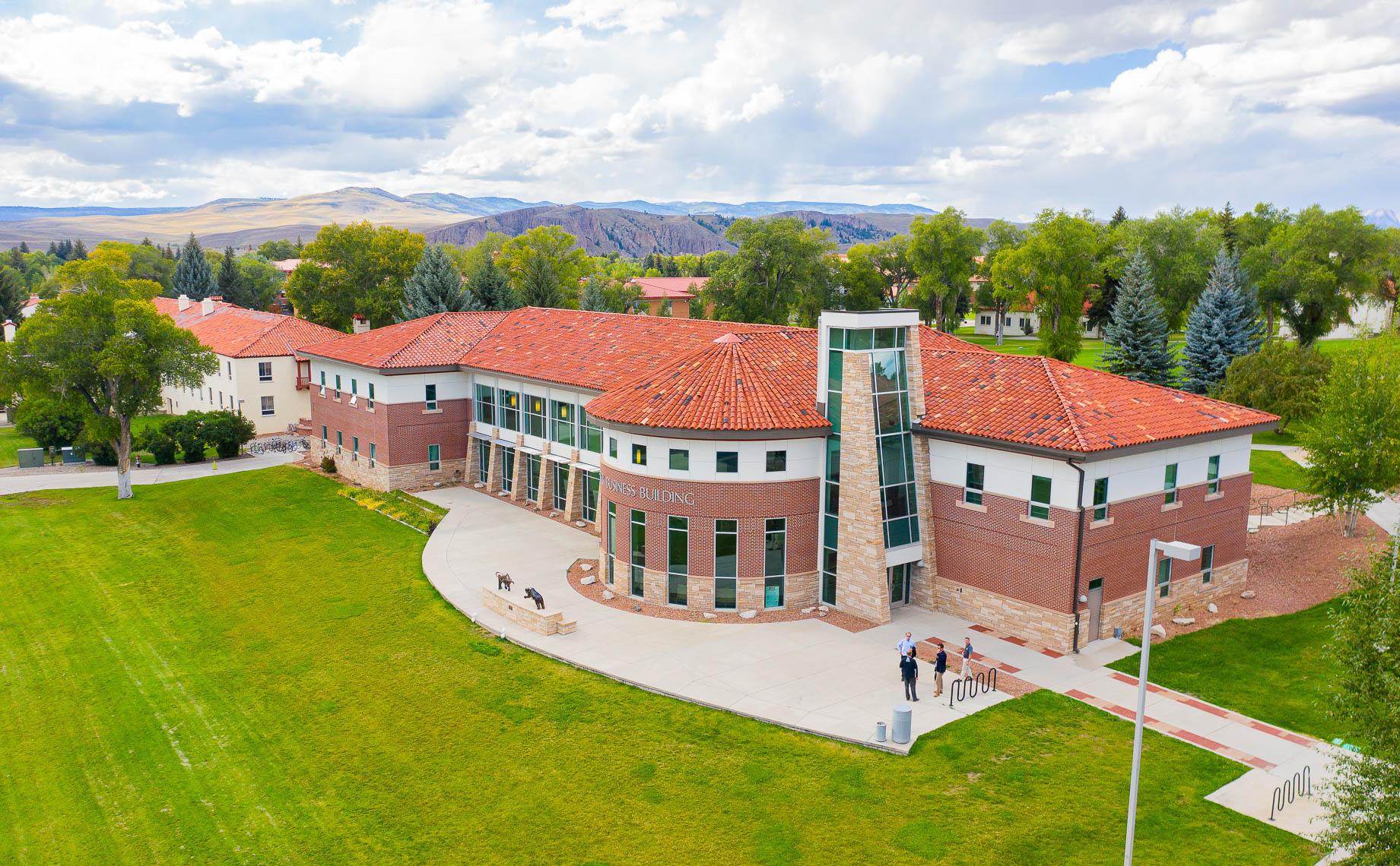 Aerial shot of Borick Business Building on Western Colorado University's campus.