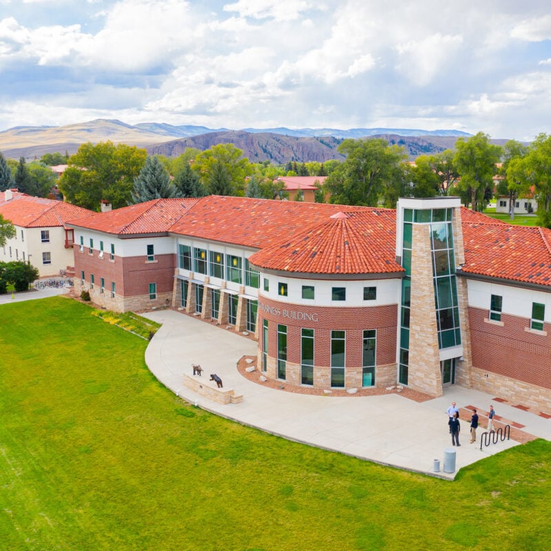 Aerial shot of Borick Business Building on Western Colorado University's campus.