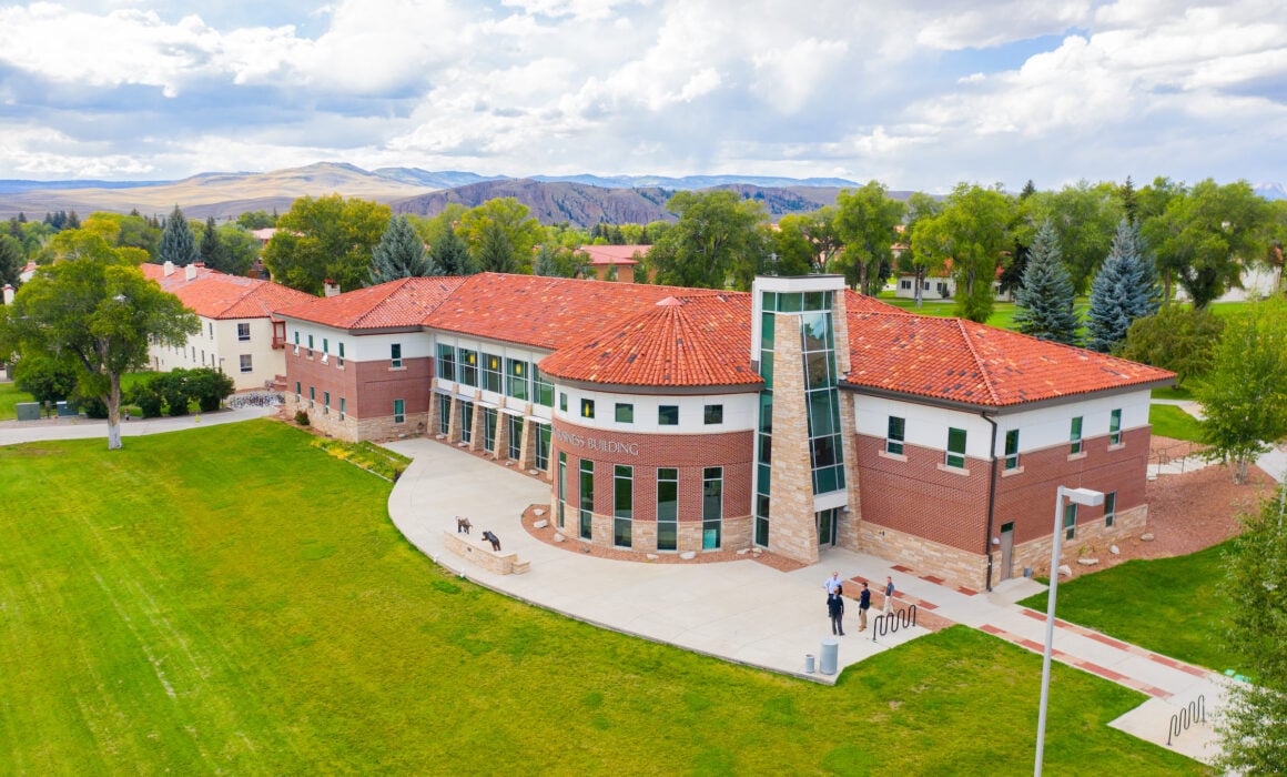 Aerial shot of Borick Business Building on Western Colorado University's campus.