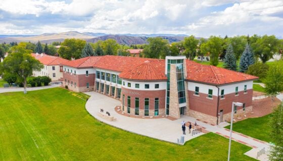 Aerial shot of Borick Business Building on Western Colorado University's campus.