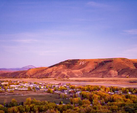 W Mountain and the town of Gunnison photographed just after sunset on a fall evening.