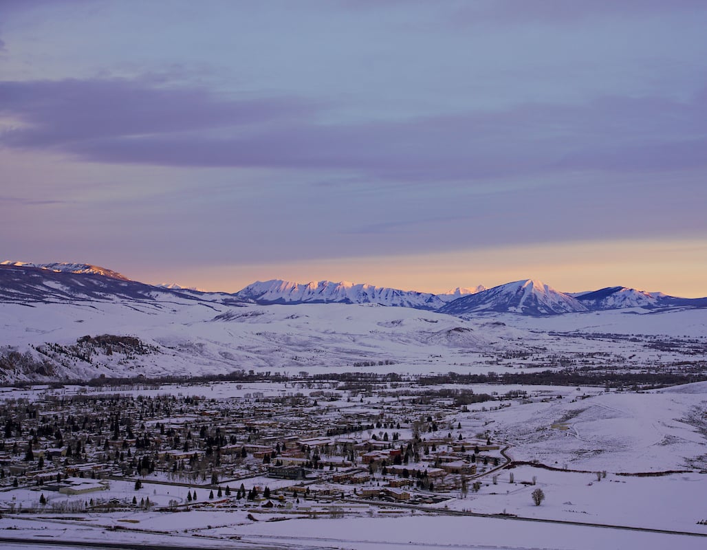 Campus seen from a high point at sunset during the winter