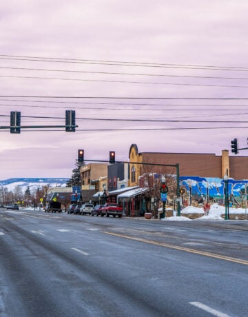 Snowy downtown Gunnison with cotton candy skies