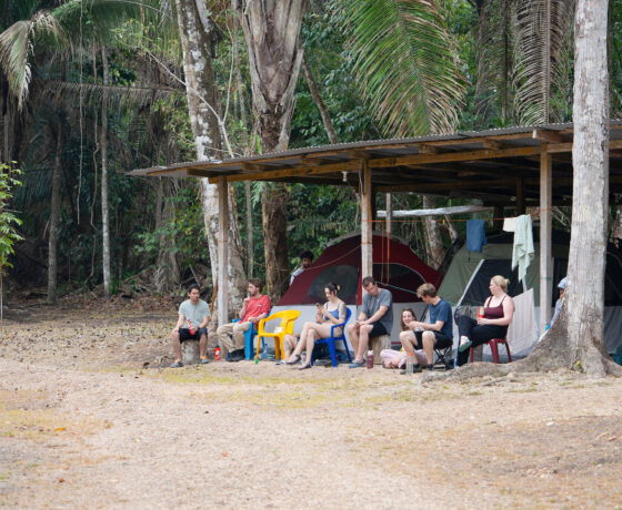 Students affiliated with the Western group at the Maya Archaeological Field School sit together outside their tents in camp and socialize.
