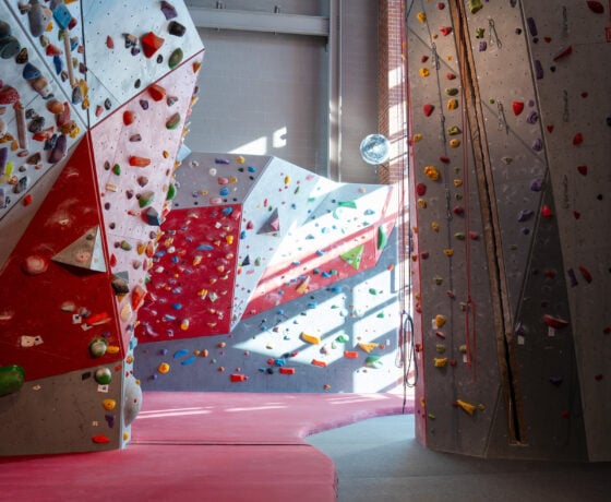 A photo of the climbing wall in the Mountaineer Field House.