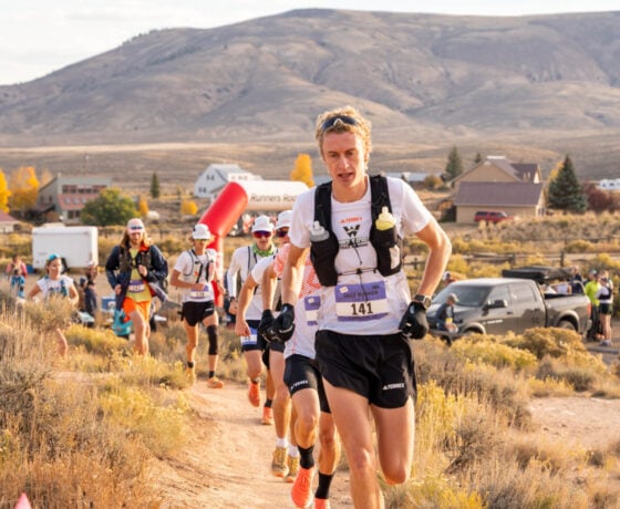 Members of Western's Trail Running Teåam leave the start line for the 28k at Hartman Rocks.