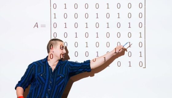 A senior points at a mathematic grid projected on a screen while presenting.