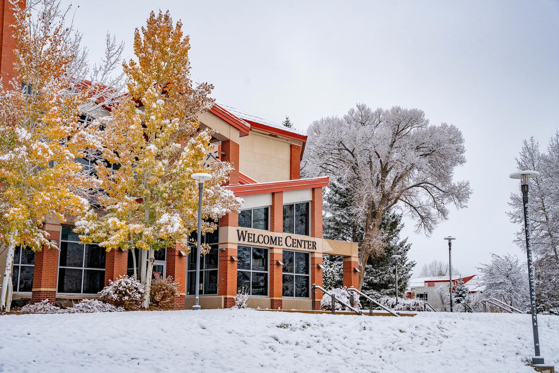 The Welcome Center covered in fresh snow during the first snow of the season.
