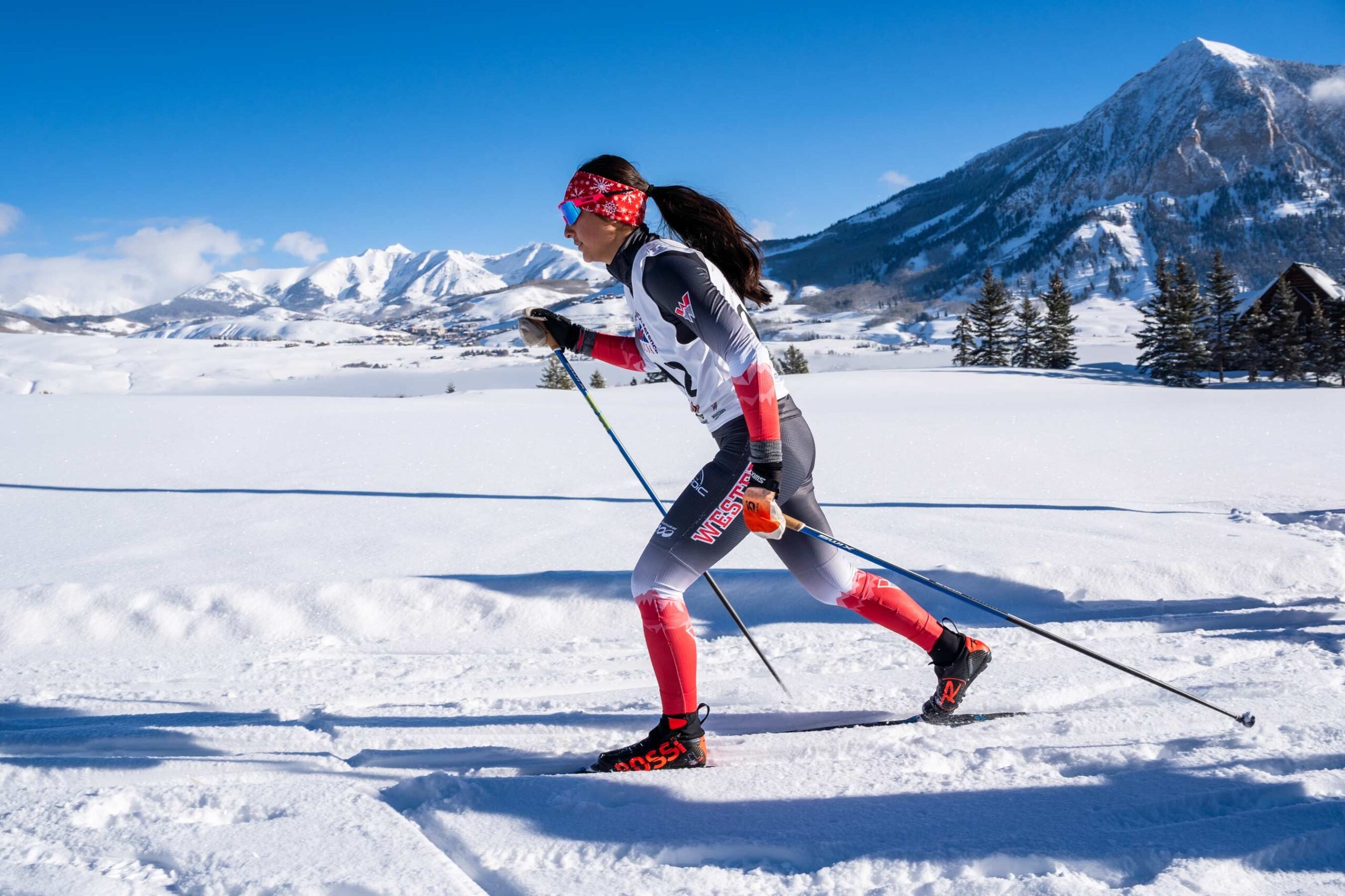 A photo of a Western nordic athlete racing during the WCU Invitational 5k Classic.