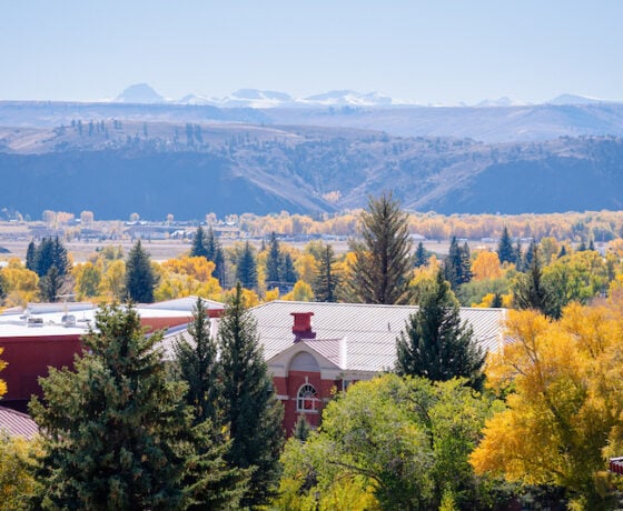 Taylor Hall in the fall with the San Juan Mountains in the backgrond