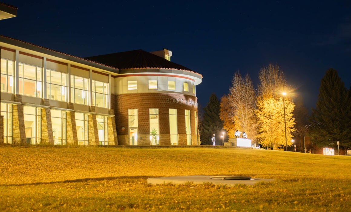 The Borick Business glows at blue hour.