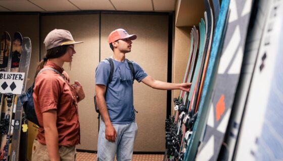 Outdoor Industry MBA students look at skis in the Blister Review show room