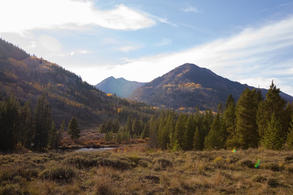 A serene mountain landscape in autumn, featuring evergreen trees, golden foliage, and distant peaks under a bright blue sky.