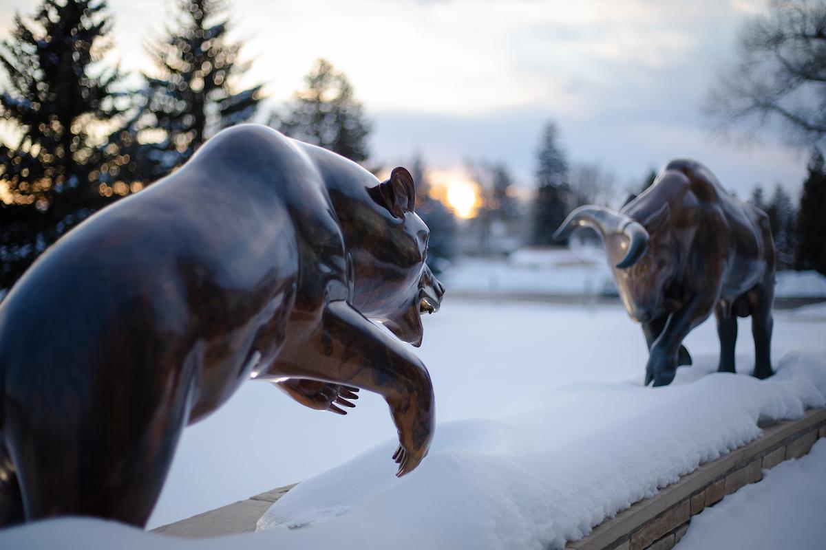 A photo of the bear and bull statues.