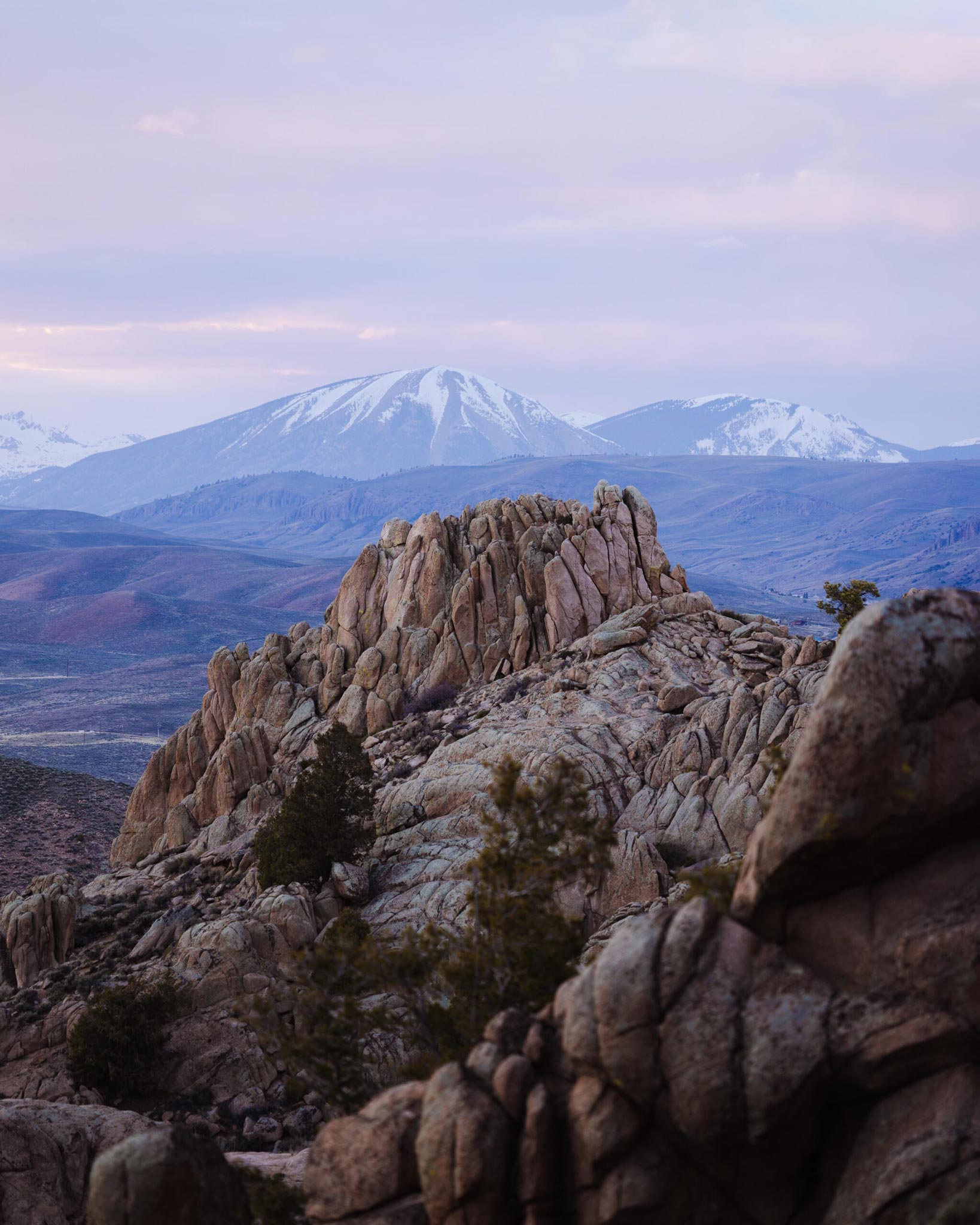 Hartman Rocks with mountain views at sunset.