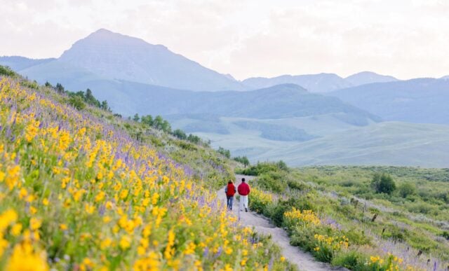 Two students wearing red jackets walk the East River Trail at sunrise during wildflower season.
