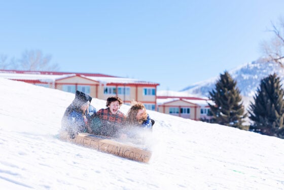 Students are sprayed with snow as they sled down the Green Monster sledding hill on a sled they made of cardboard. The Escalante Dorm Complex is seen in the background.