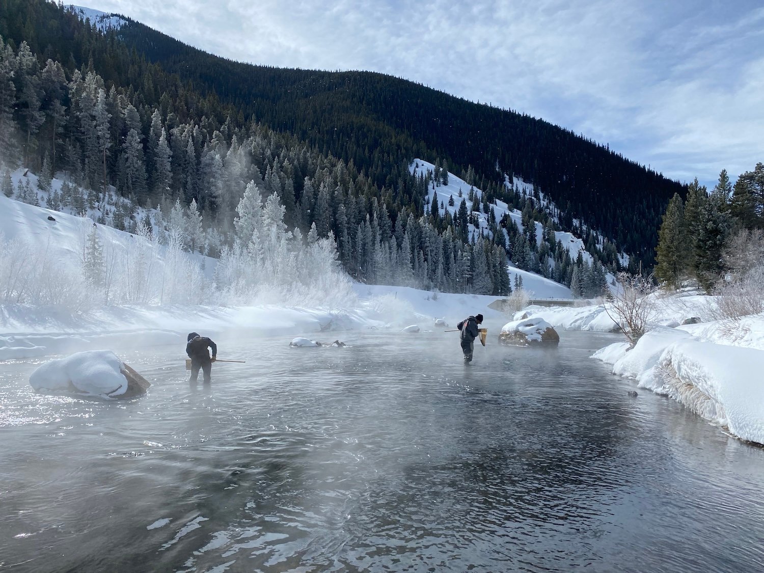 Biology students conduct research during a misty winter morning on the Taylor River.