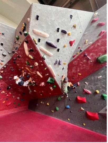 Junior Mountaineer Camper climbs the wall in the rec center.