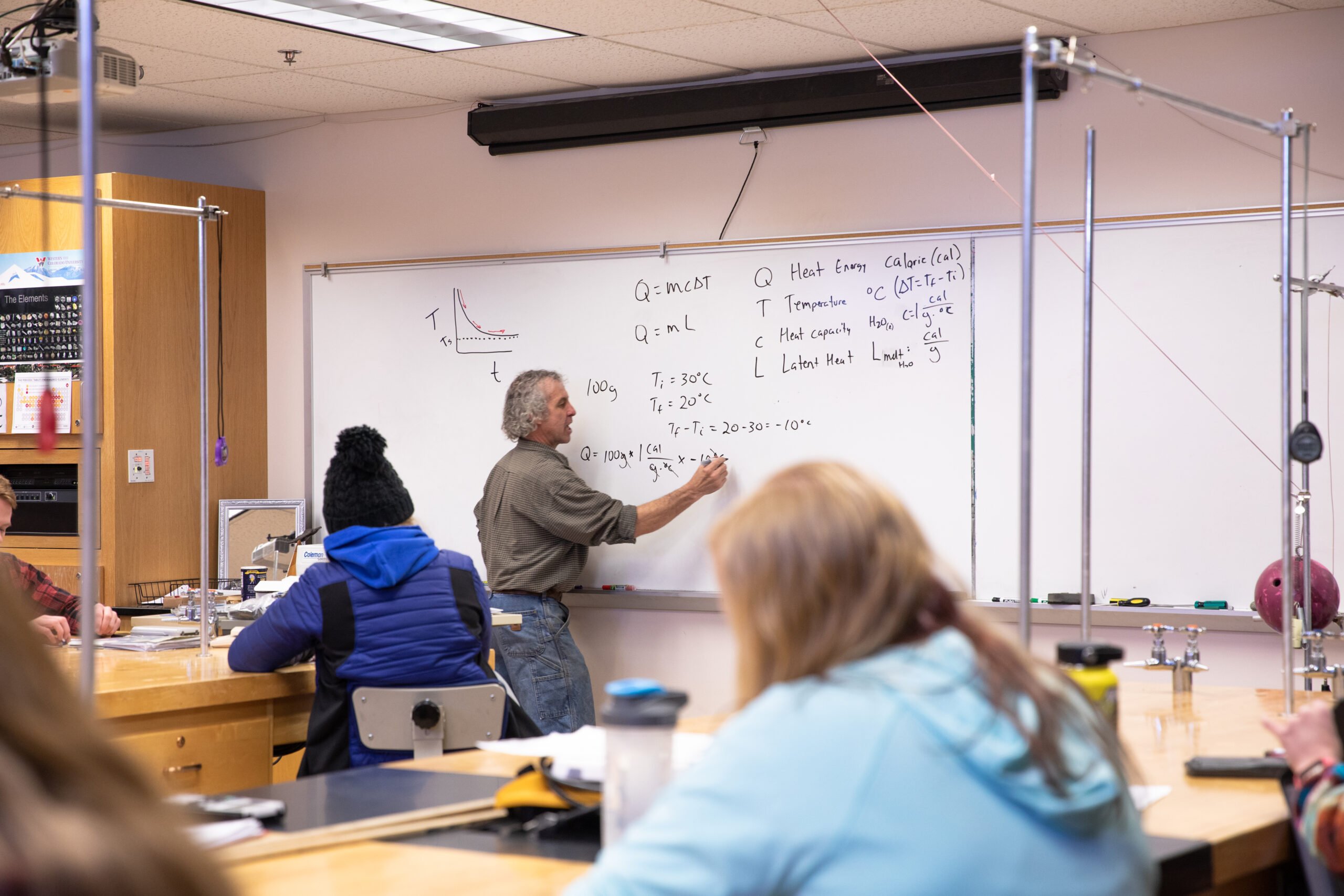 A professor gives a lecture while writing mathematical equations on a white board.