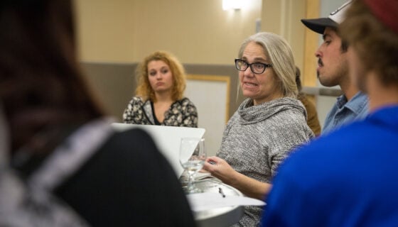 Coldharbour Institute executive director Suzanne Ewy discusses the important role of non profits in environmental action at Western State Colorado University in Gunnison, Colo. during a panel discussion Wednesday, January 18.
