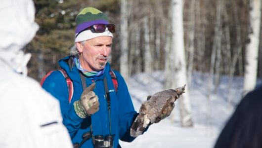 Dr. Pat Magee holds a taxidermied bird and gives a lecture while on a field trip with his ornithology class at Mill Creek.