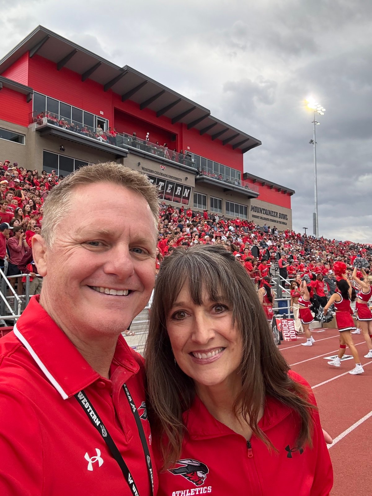 Miles VanHee and wife Tonya take a selfie at the Mountaineer Bowl stadium.