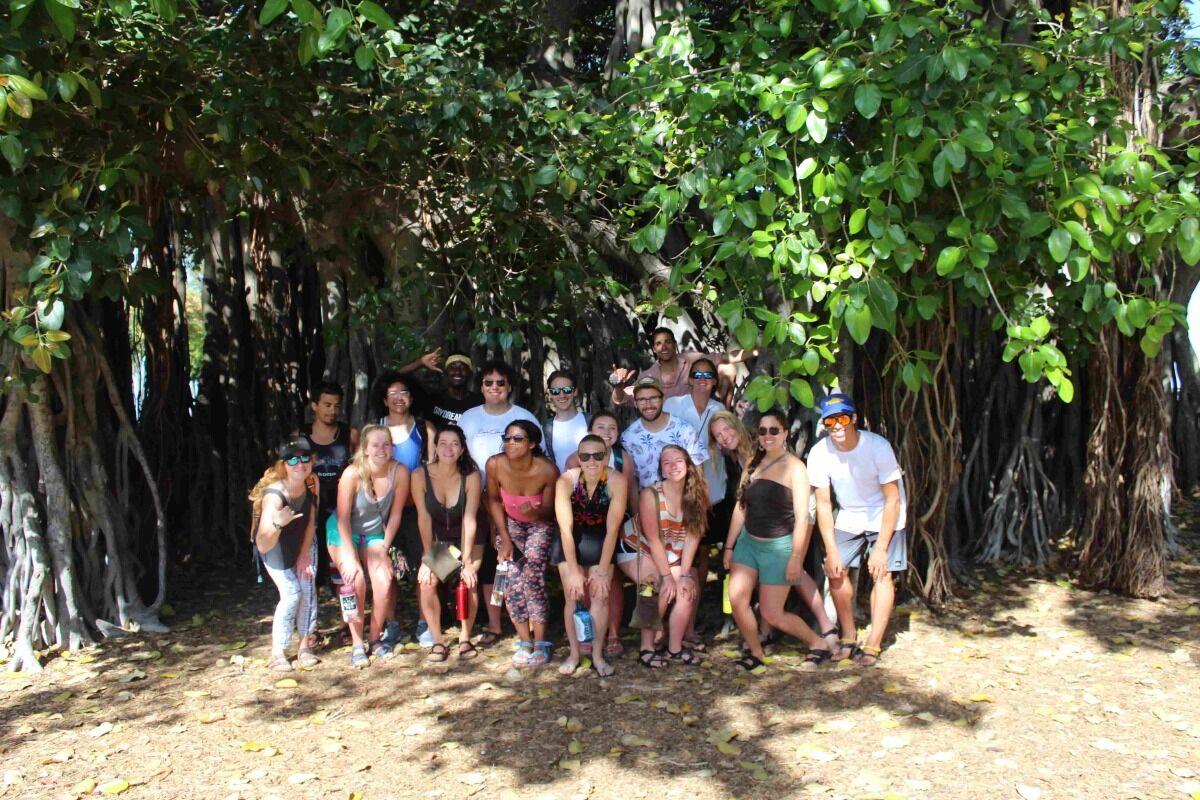 Psychology students posing under trees
