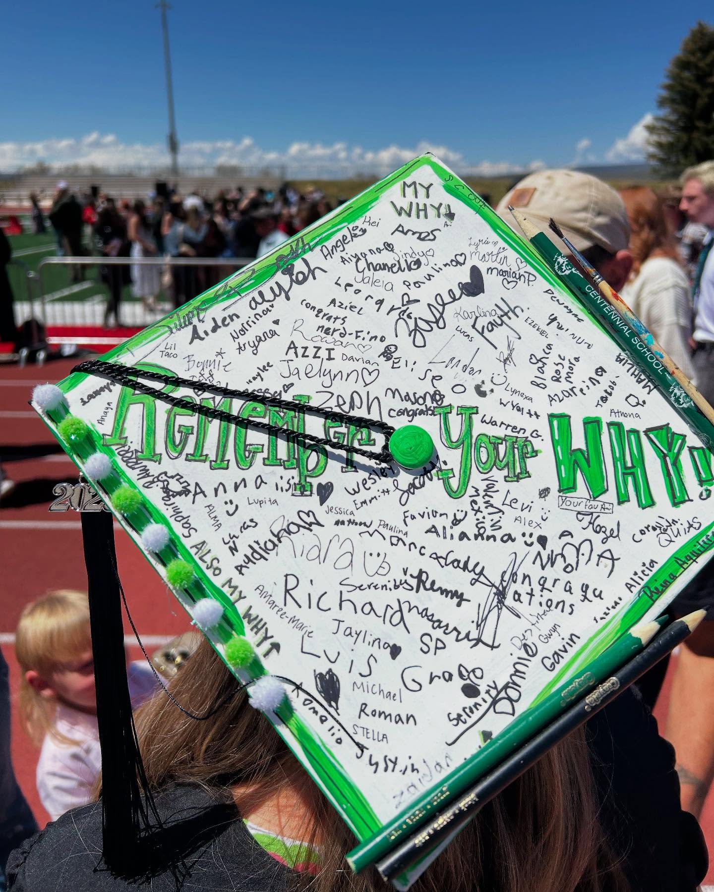 The back of Taylor Hubbard's graduation cap, signed by all of her students.