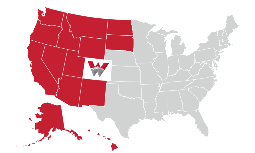 Map of the United States highlighting the states that can participate in the WUE tuition discount. 
