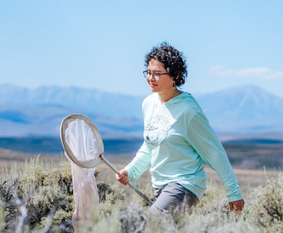 Student walking down a dirt road holding a butterfly net