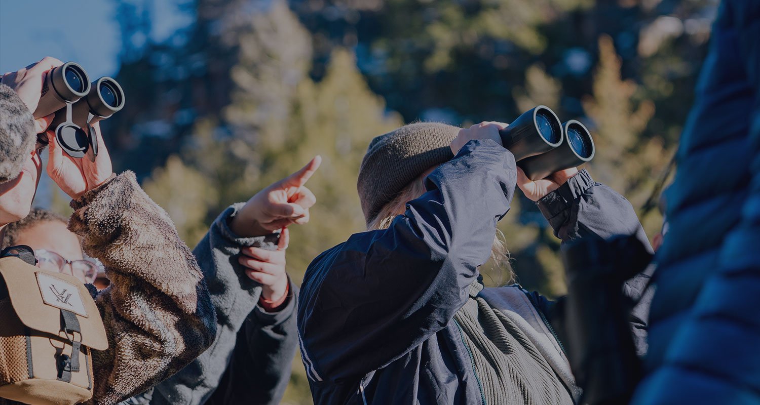 Students using binoculars and look up in Taylor Canyon