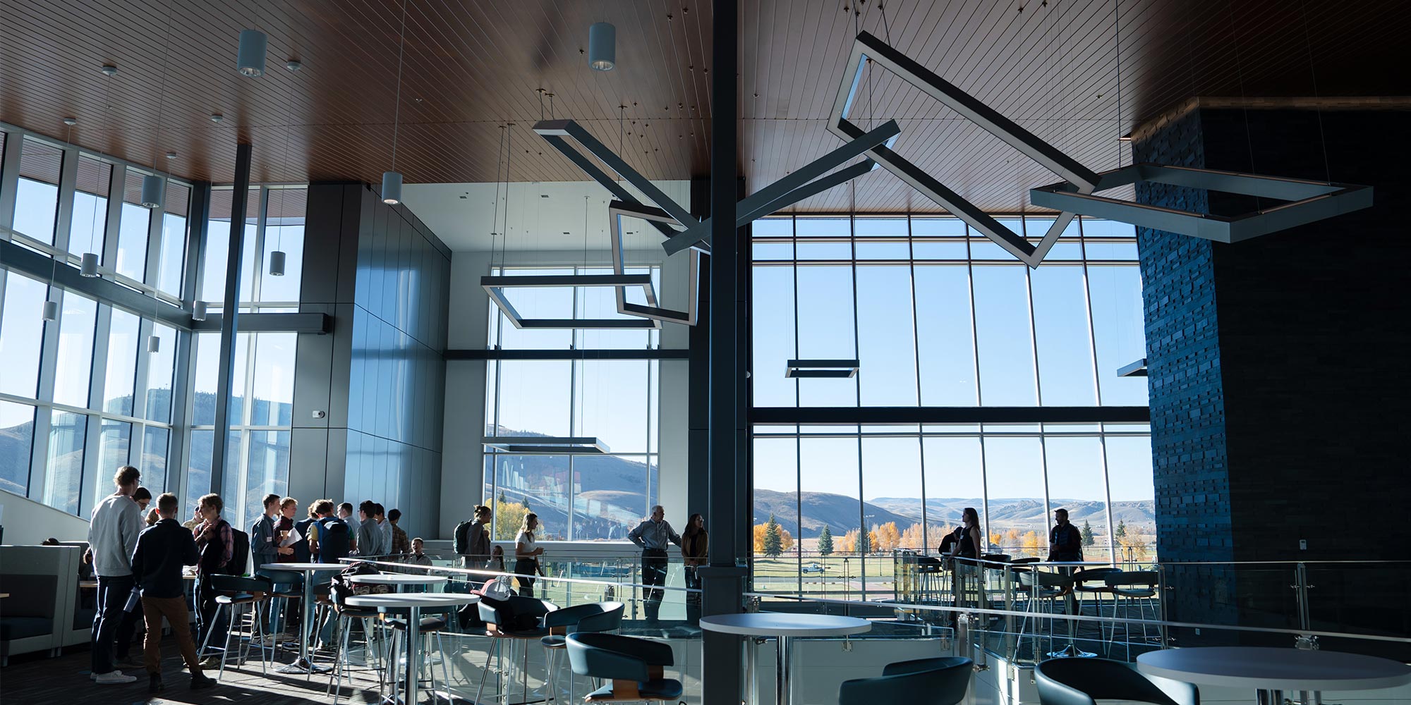 Upstairs study area in the Rady Building where students and employers attending a networking session