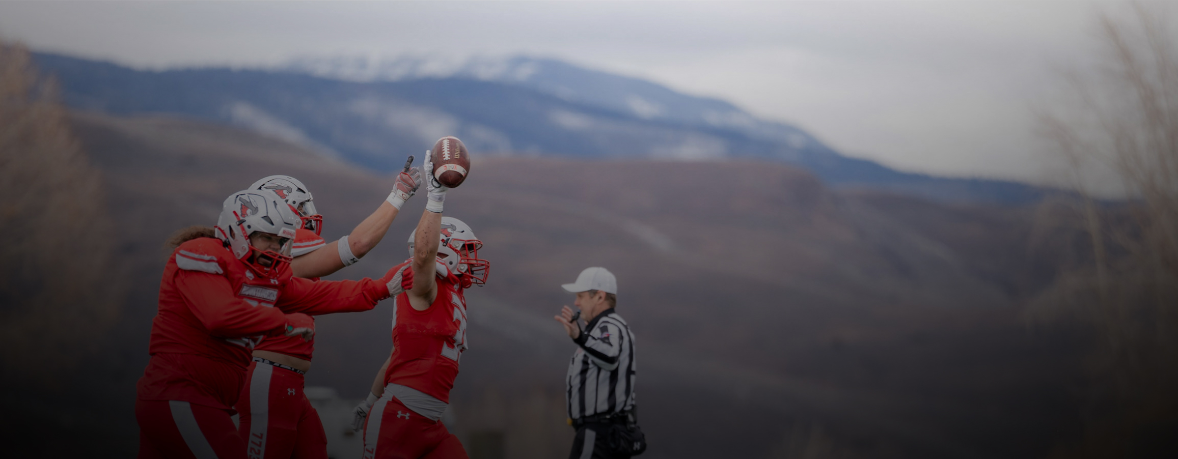 A football player holds the ball and runs down the field with mountains in the background.