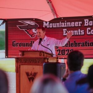 Director of Athletics, Miles Van Hee gives an opening speech at the groundbreaking cremony for the Mountaineer Bowl Event Complex.